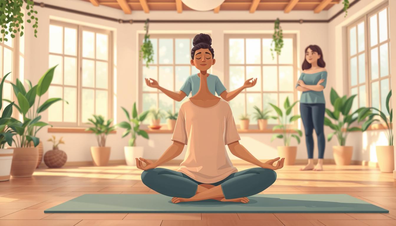 People practicing calm, mindful wellbeing in a sunlit room